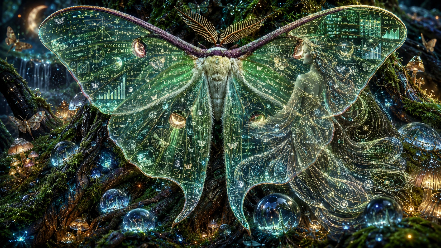 一隻月蛾棲息在覆滿青苔的樹根間，展開寬大的半透明翅膀