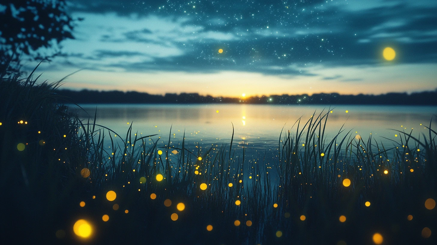 Fireflies Rise Above a Quiet Shoreline as Stars Appear at Dusk