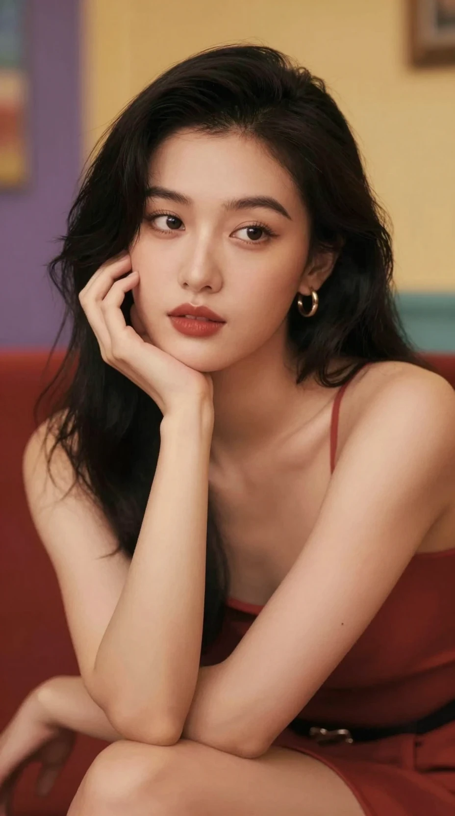 復古風女孩在鮮明肖像中以手托腮