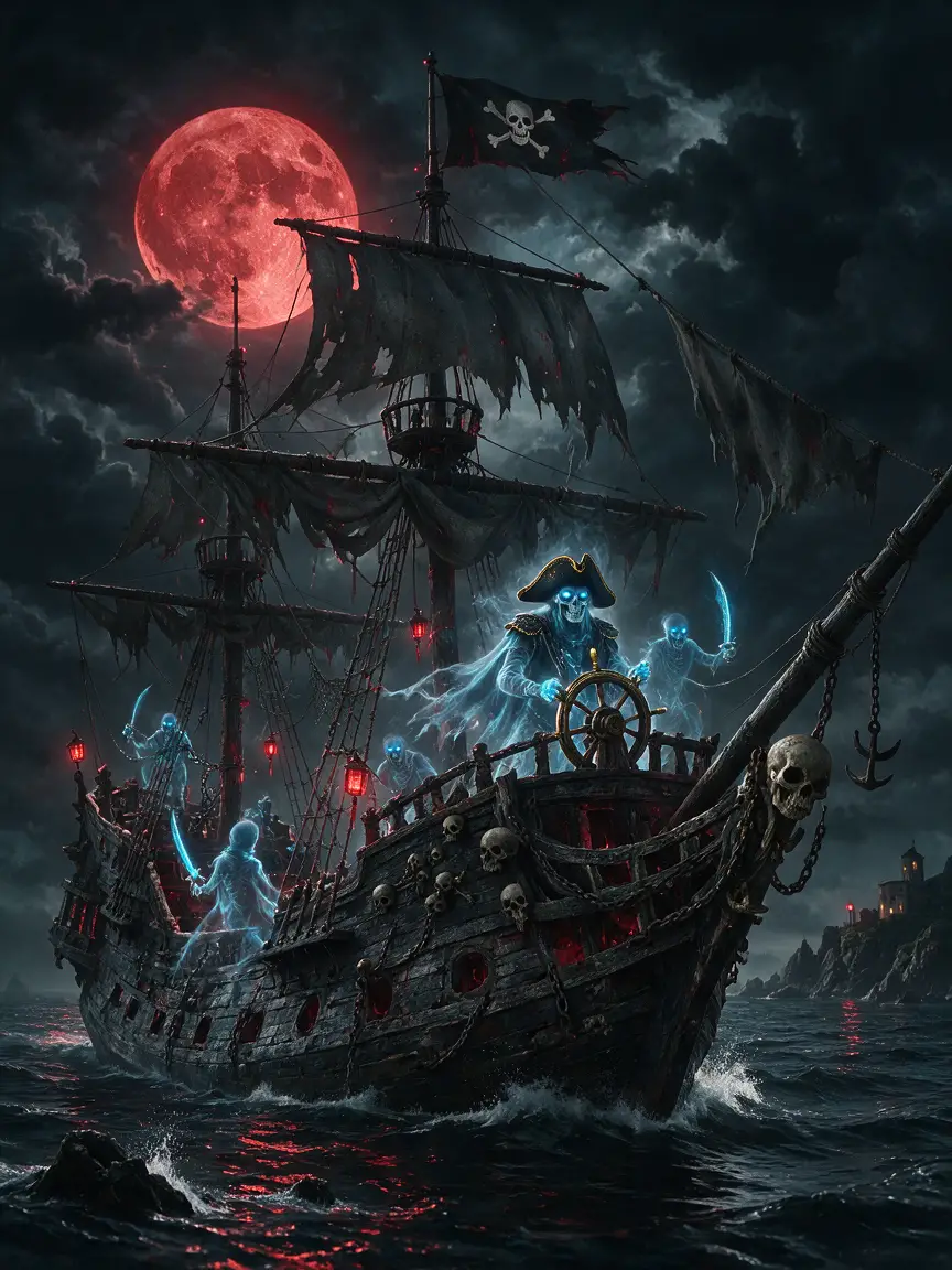 A ghost pirate ship sails beneath an eerie full moon