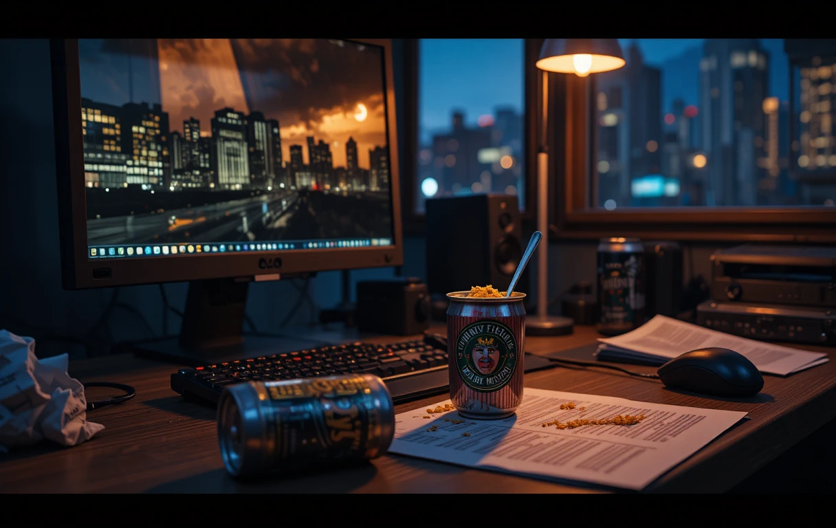 A Late Night Desk Illuminated by a Monitor Reflecting City Lights