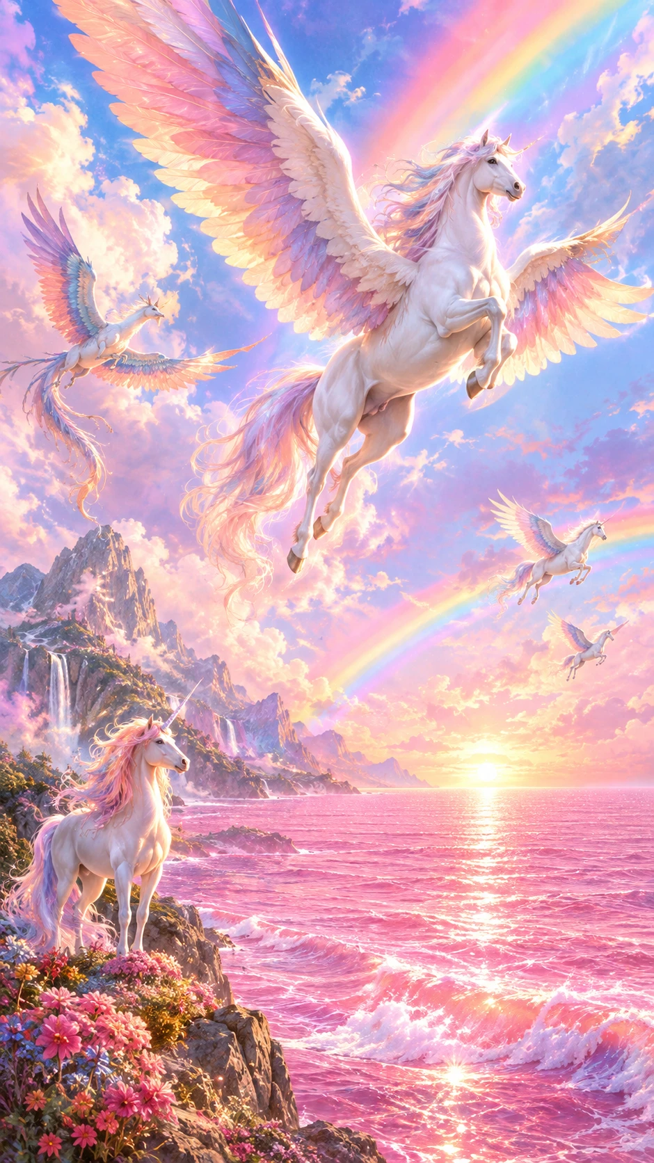 Winged Mythical Creatures Soar Above a Pink Ocean Beneath Shimmering Rainbows