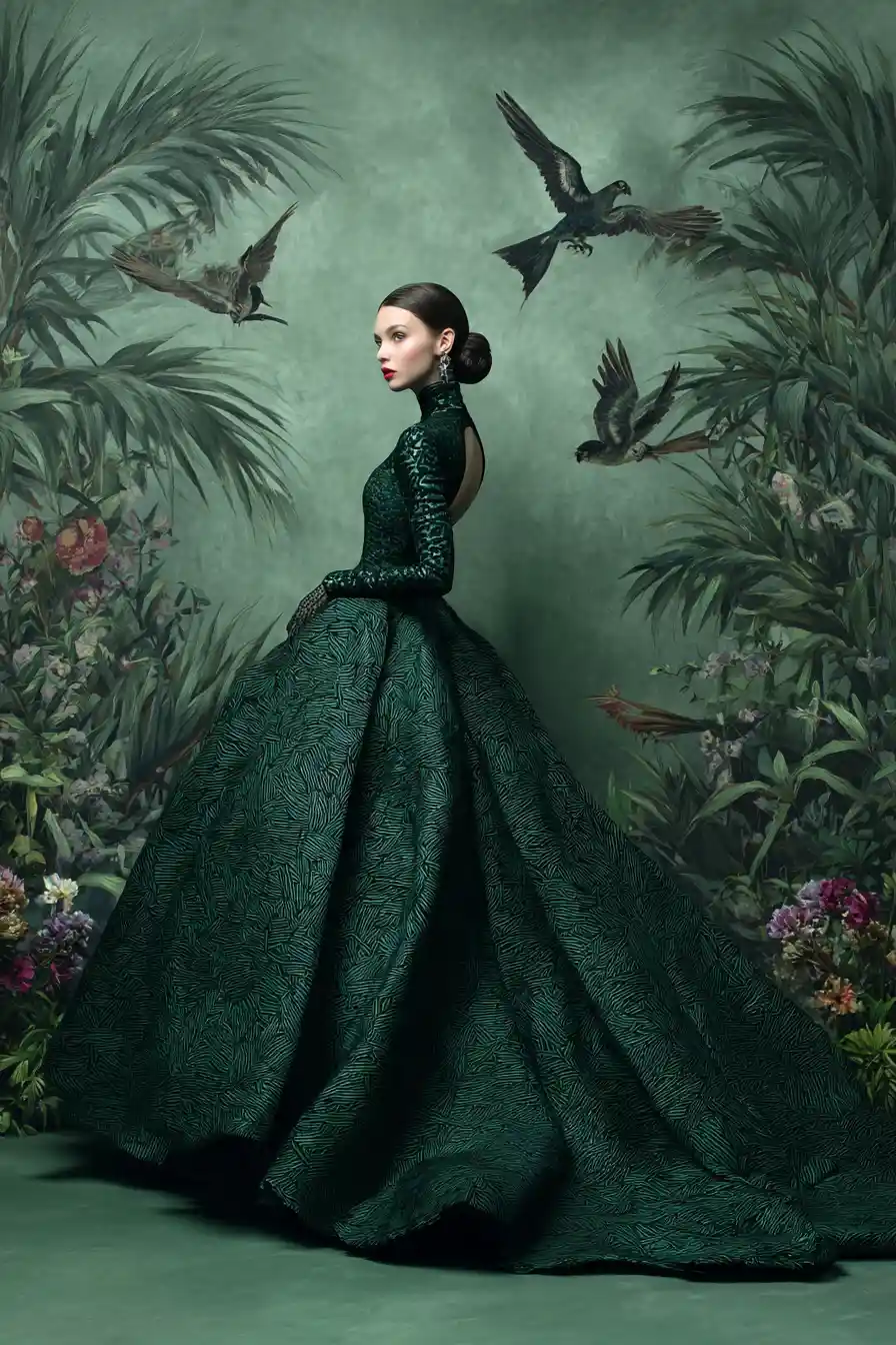A woman looks back in a dark green lace ball gown
