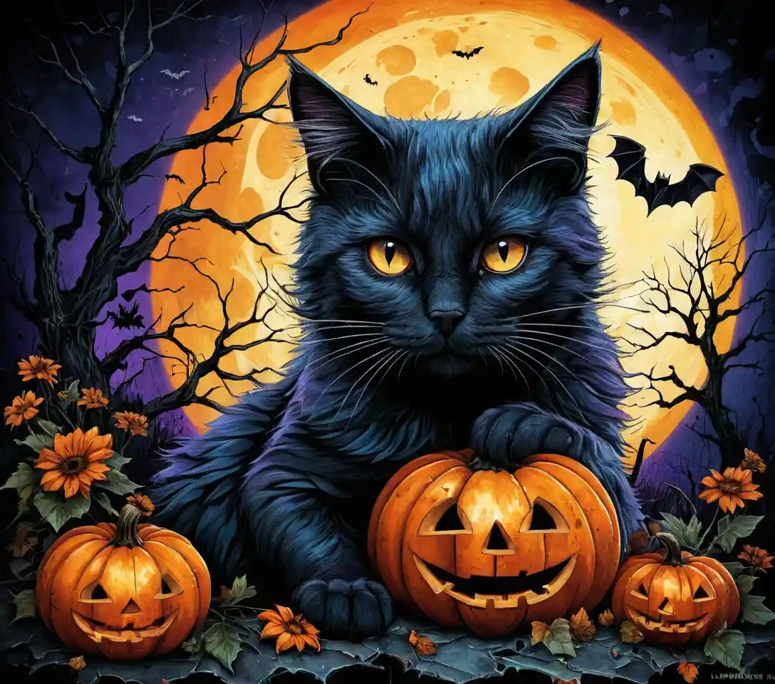 Eine Halloween-Katze mit prismatischer Textur und rauen Farbdetails