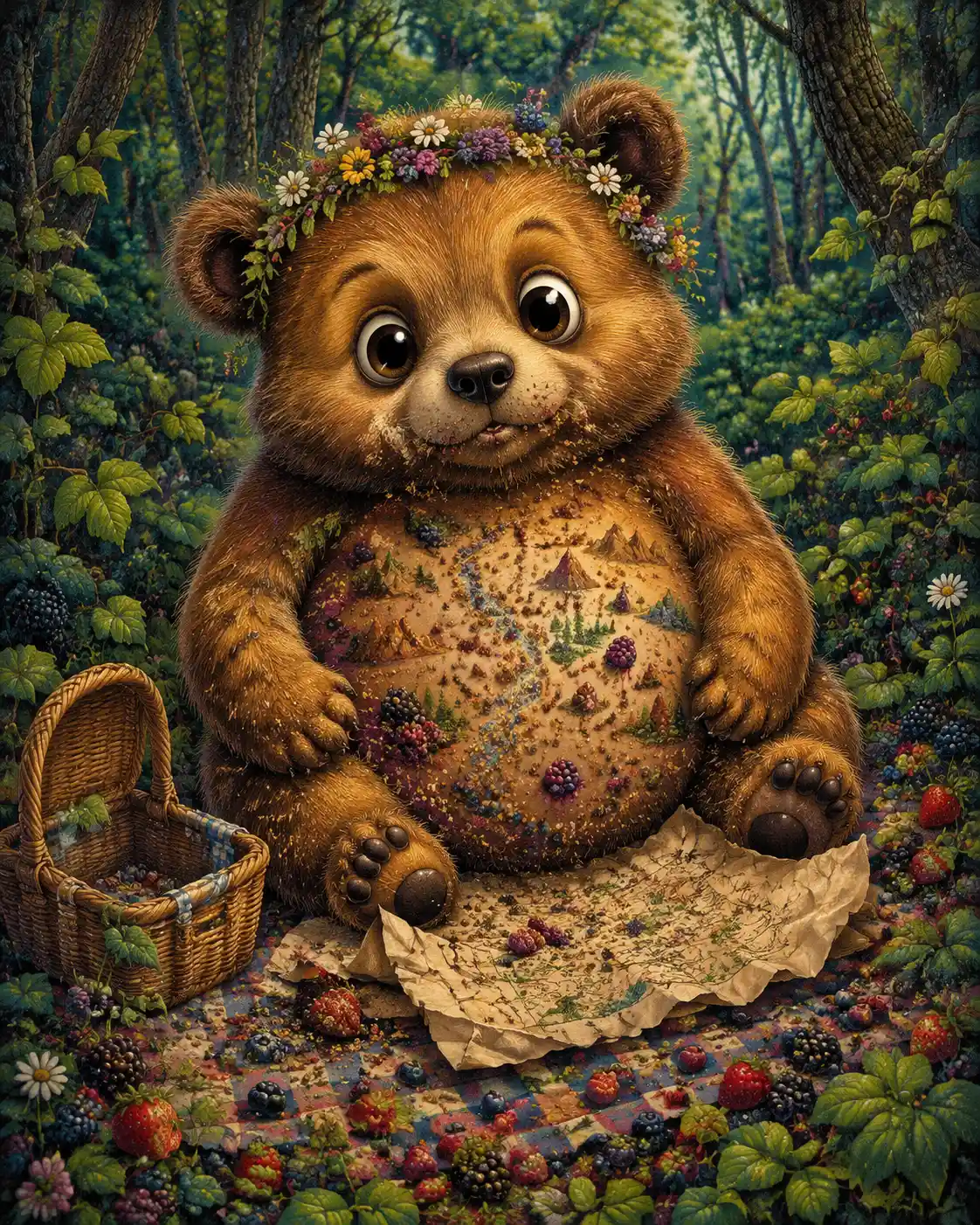 A wide-eyed bear sits beside a map at a woodland picnic