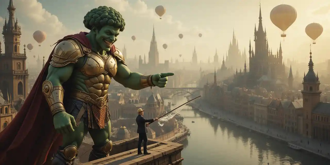 A muscular broccoli man stands atop a rooftop in ornate gold armor