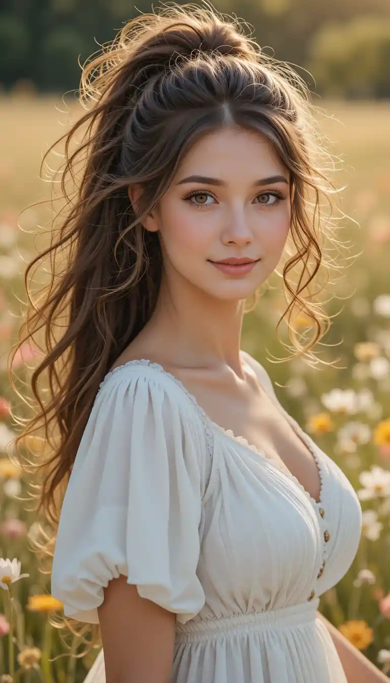 A woman in a white summer dress smiles in a flowering meadow