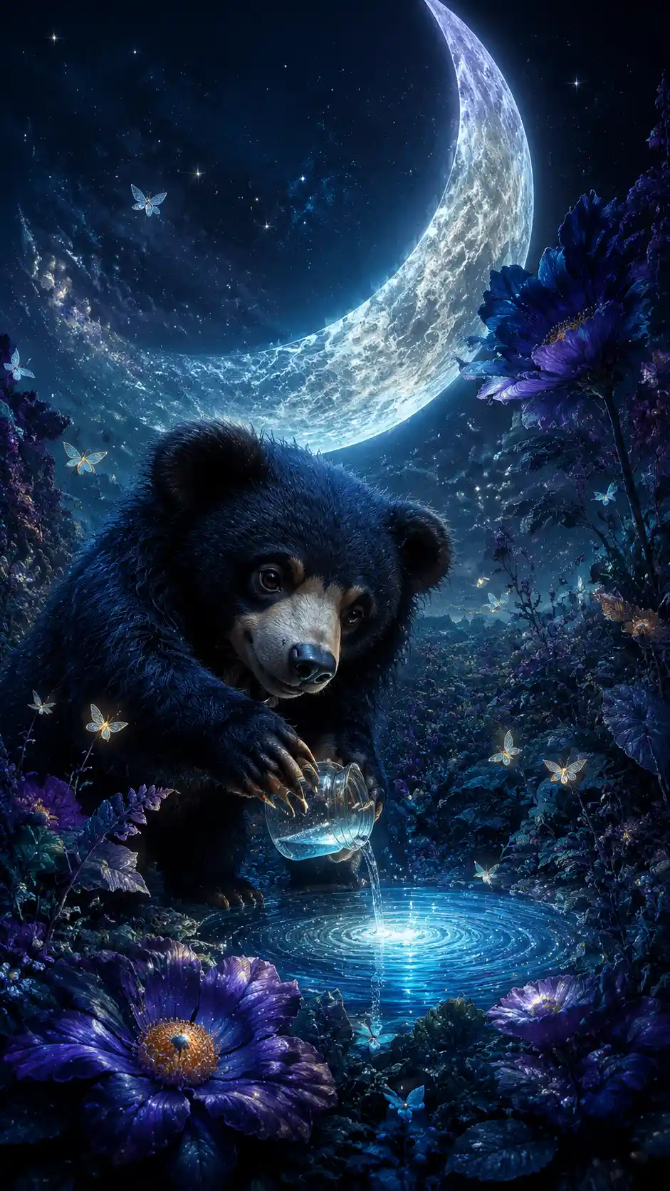A shaggy sloth bear collects moonlight in an enchanted garden