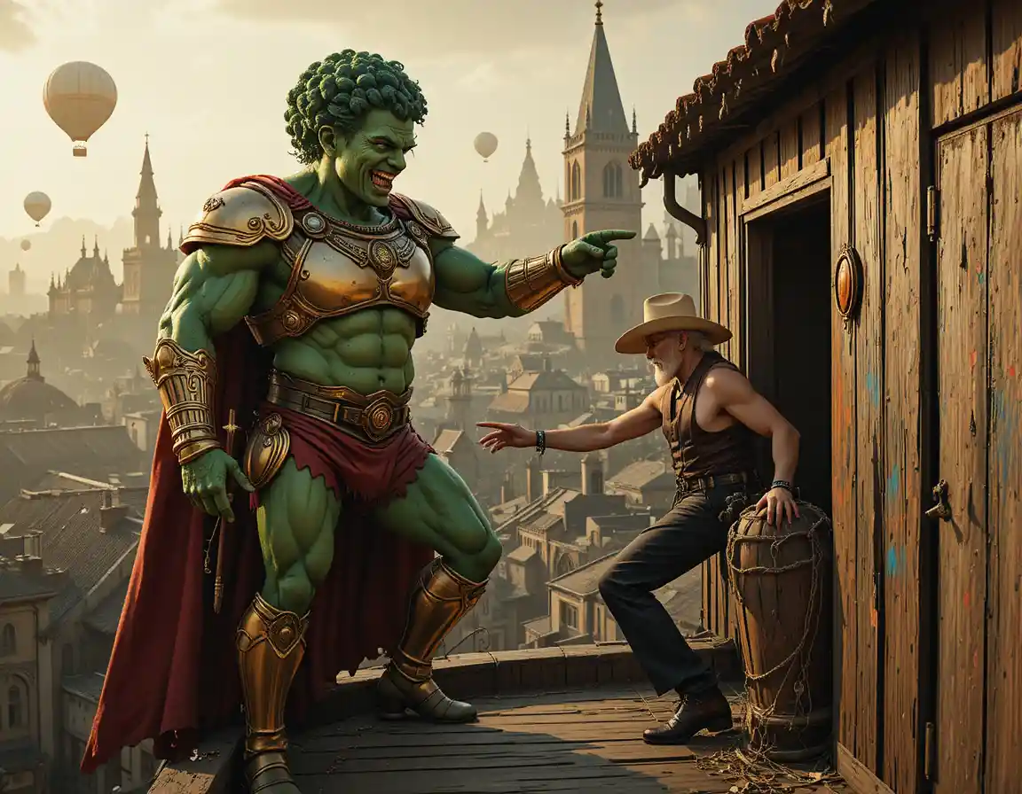 An Armored Broccoli Giant Points Toward a Fisherman Reeling in a Fish
