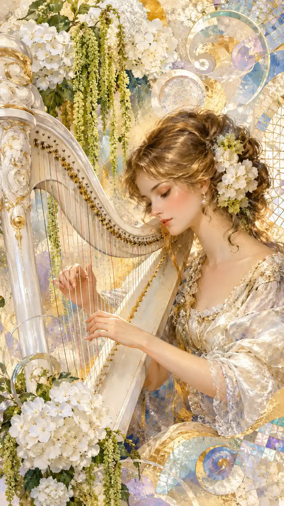A White Harp Amid Hydrangeas and Hanging Amaranth in an Abstract Watercolor Composition