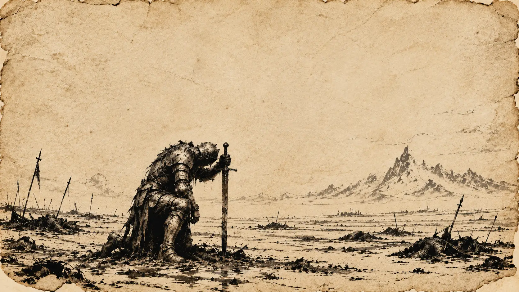A Weary Knight Kneels Across a Vast, Silent Battlefield in Ink