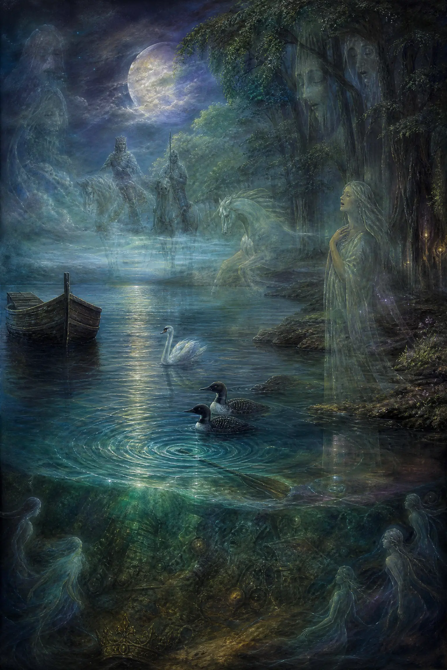 A motionless boat rests on the water in a surreal vision