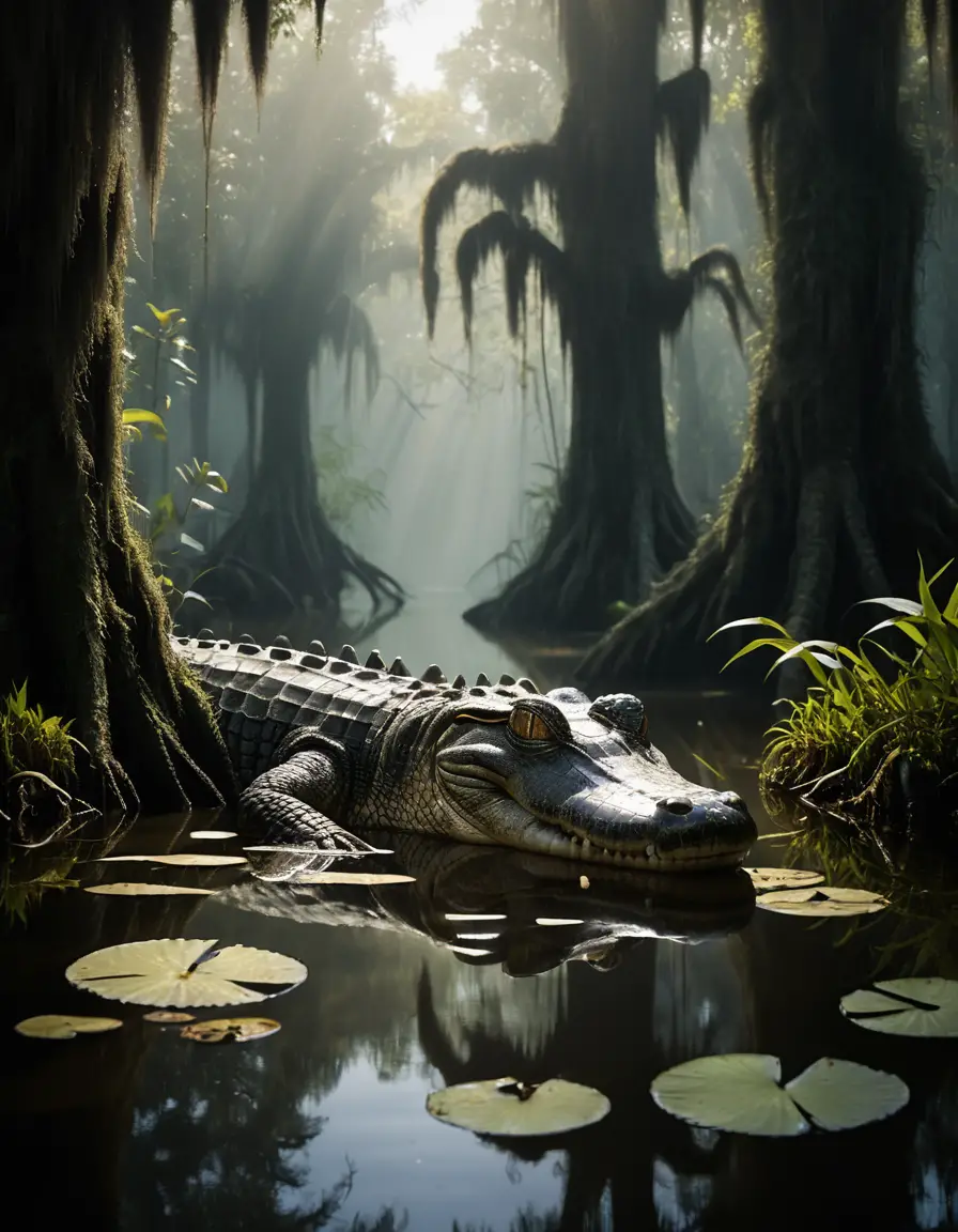 Ein großer Mississippi-Alligator lauert unter der stillen Wasseroberfläche eines Bayous in Louisiana