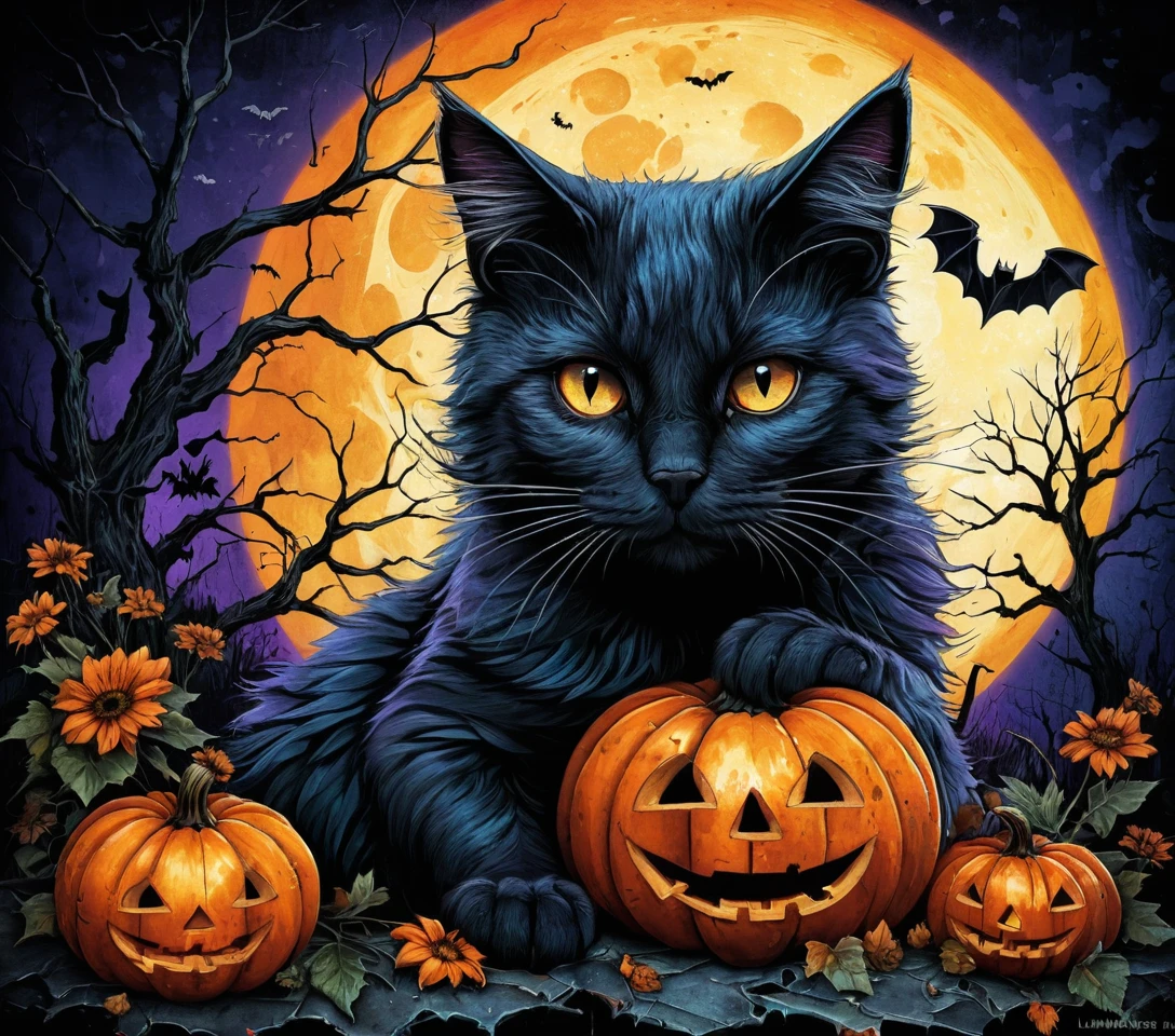 Eine Halloween-Katze mit prismatischer Textur und rauen Farbdetails