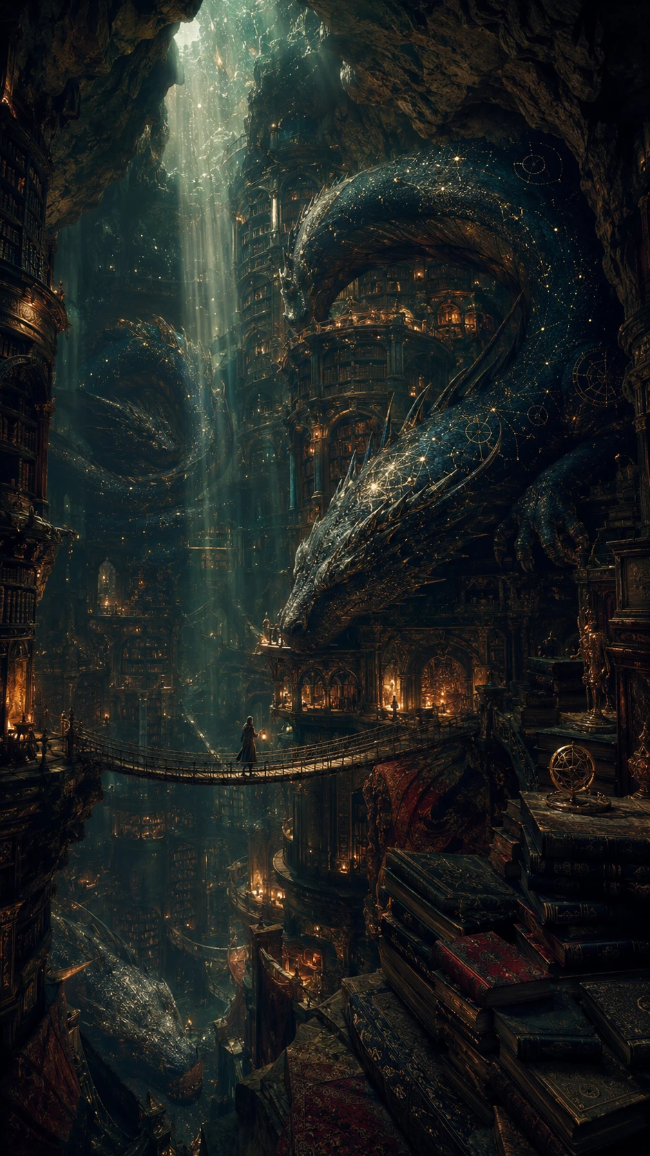 An ancient mountain library guarded by sleeping dragons