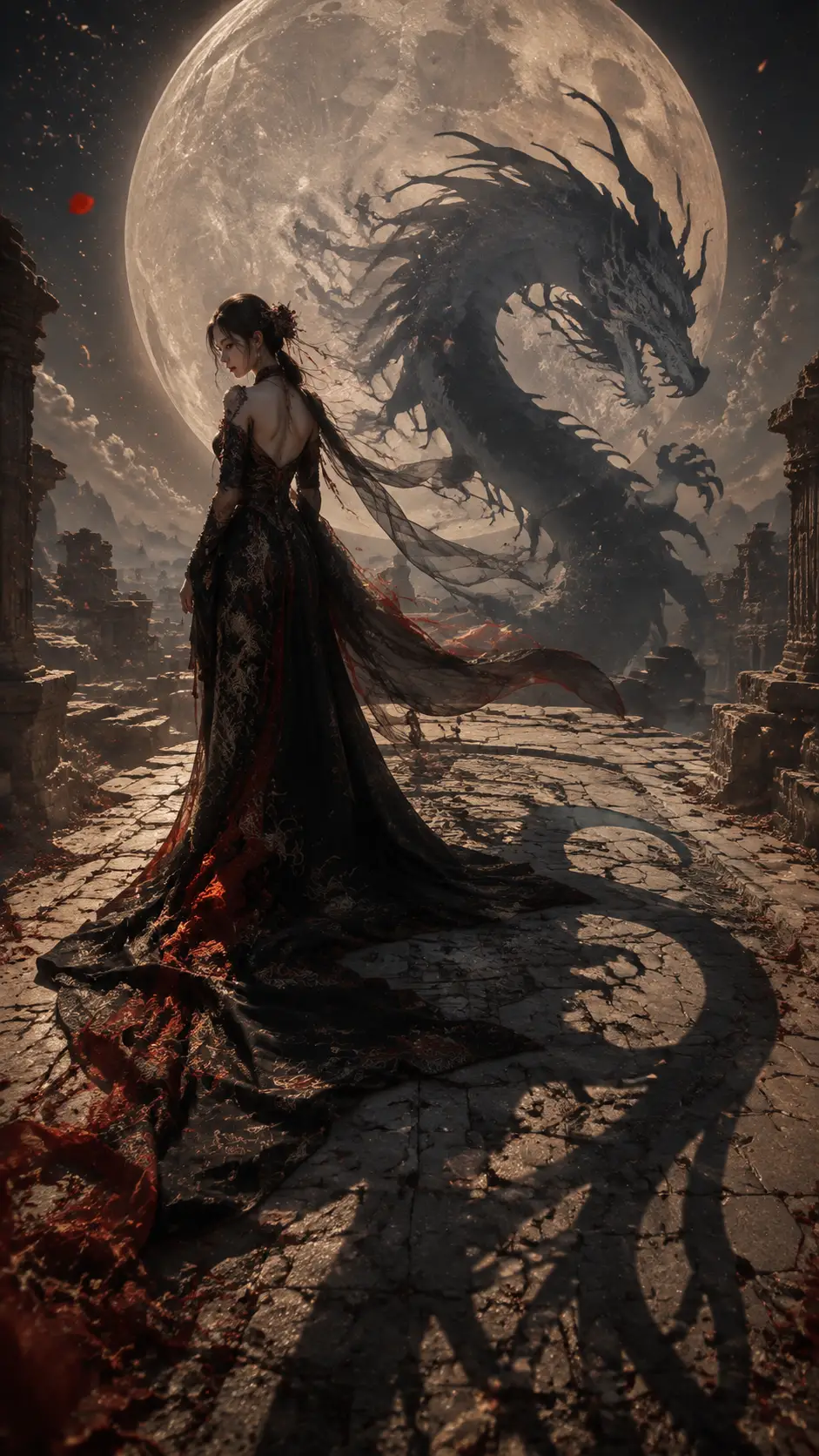 A woman's shadow becomes a dragon across an ancient stone platform
