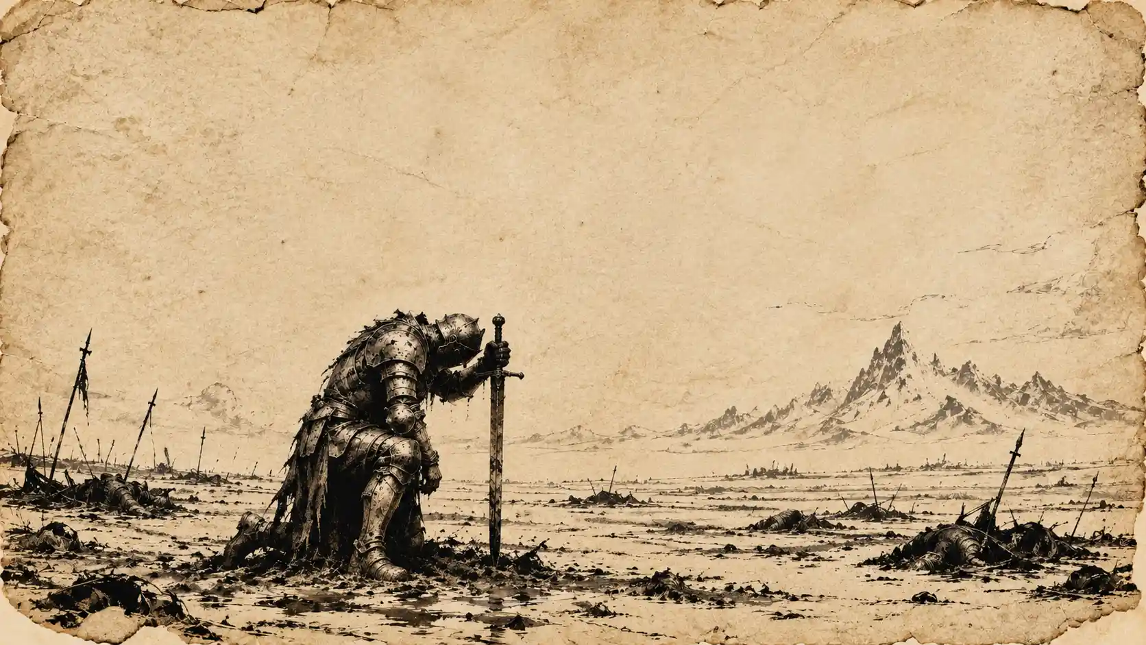 A Weary Knight Kneels Across a Vast, Silent Battlefield in Ink