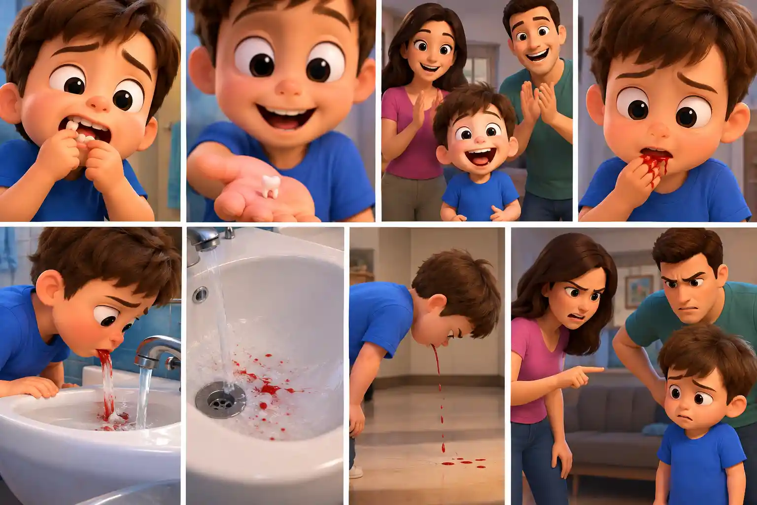 A boy loses a tooth as his parents clap in a 3D cartoon