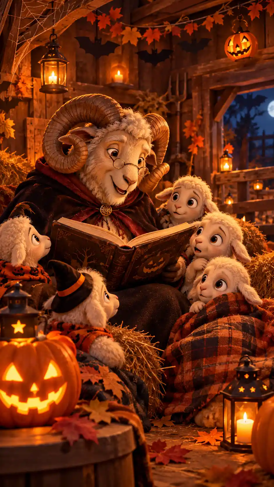 An Old Ram Reads Halloween Stories to Lambs in a Cozy Stable
