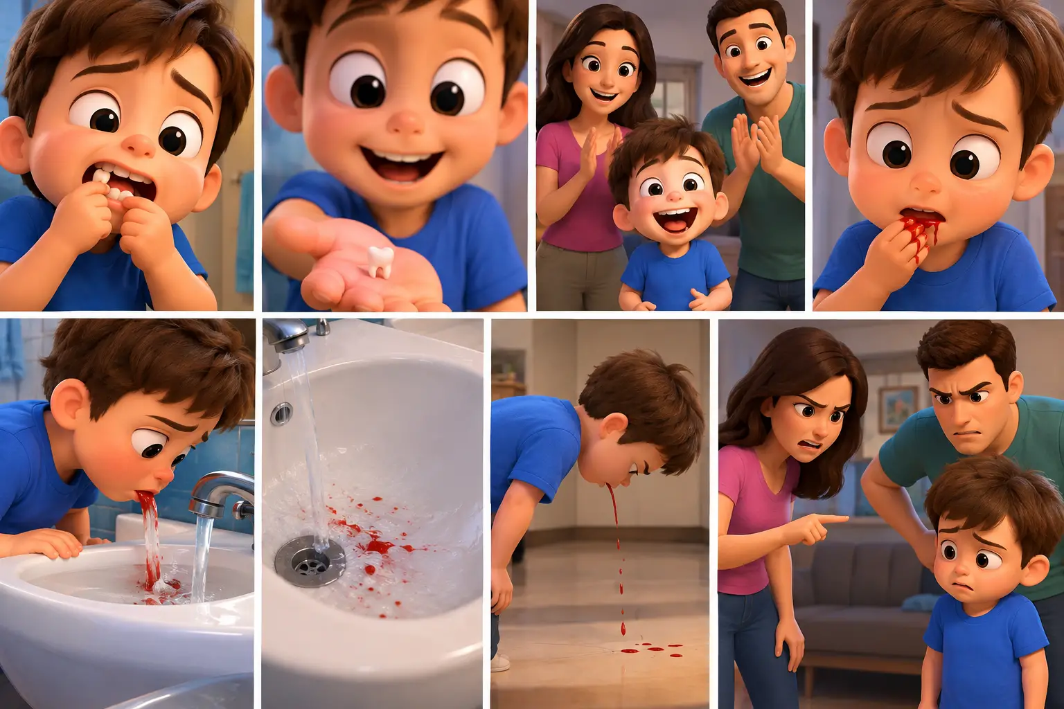 A boy loses a tooth as his parents clap in a 3D cartoon