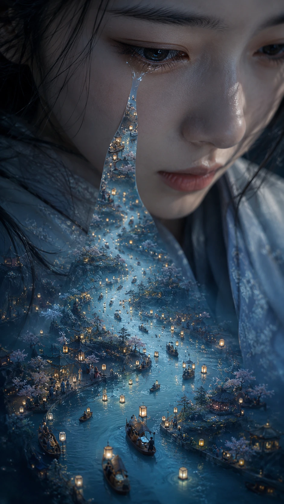 A Close Portrait Where a Tear Becomes a Winding River
