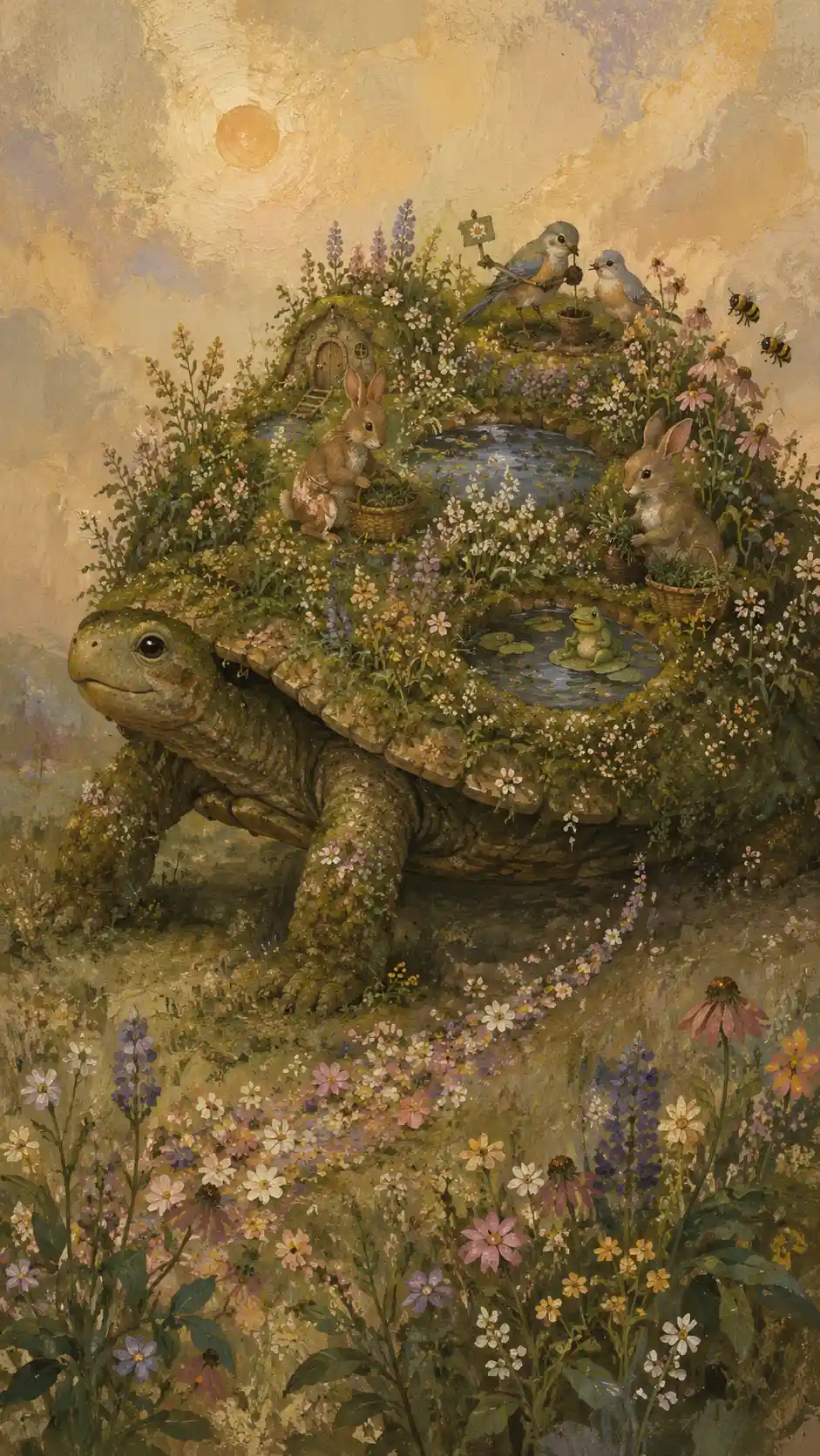 A moss-covered turtle carries a flourishing meadow across its shell