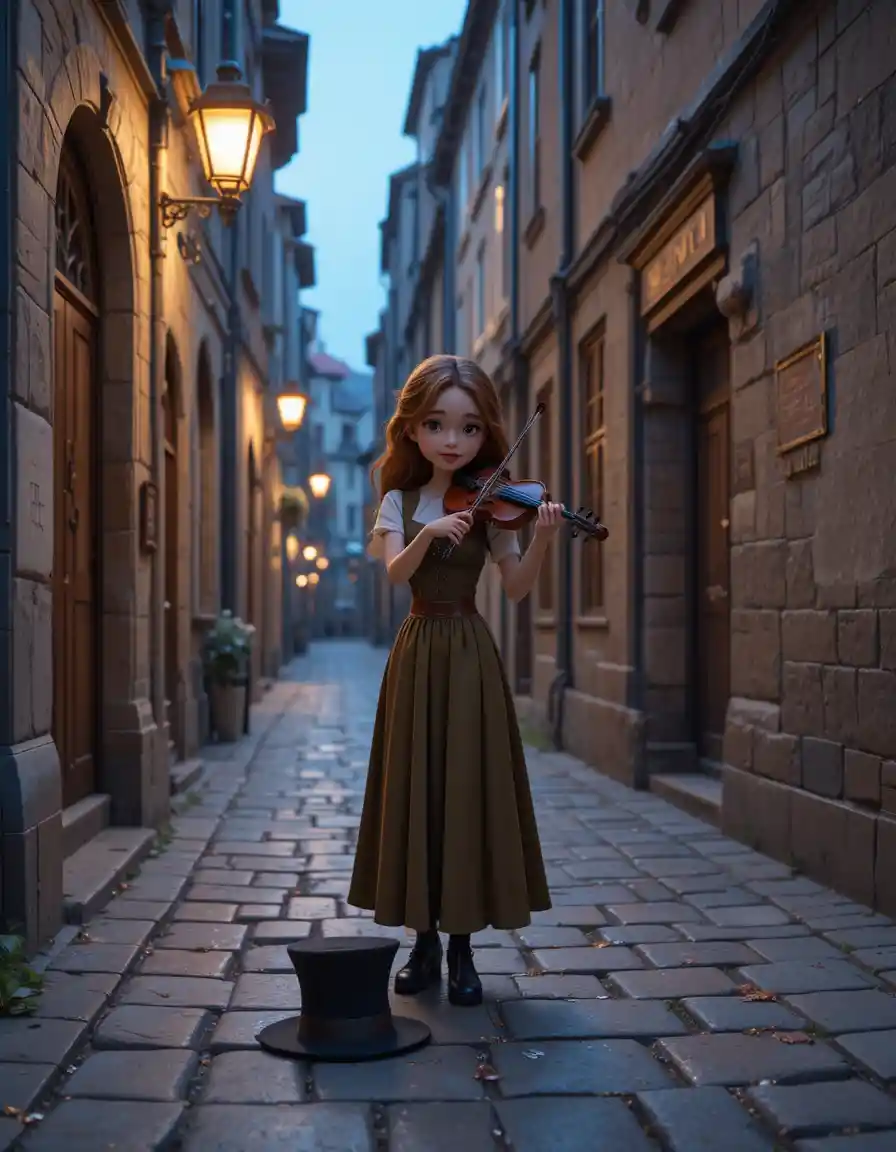 A young woman plays the violin on a narrow cobblestone street