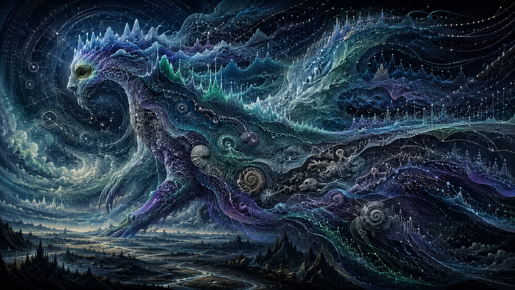 A surreal timeline creature unfolds across a star lit landscape