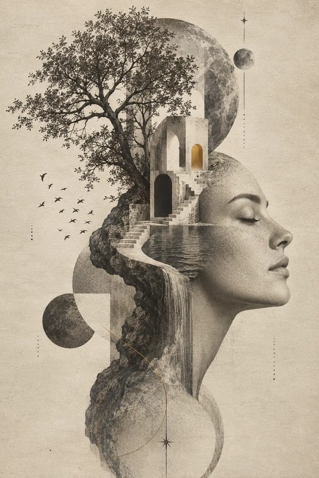 Impossible architectural forms merge organic and geometric elements in surreal fine art