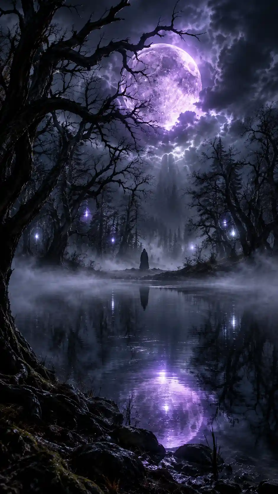 A glowing violet moon hangs over a misty forest lake