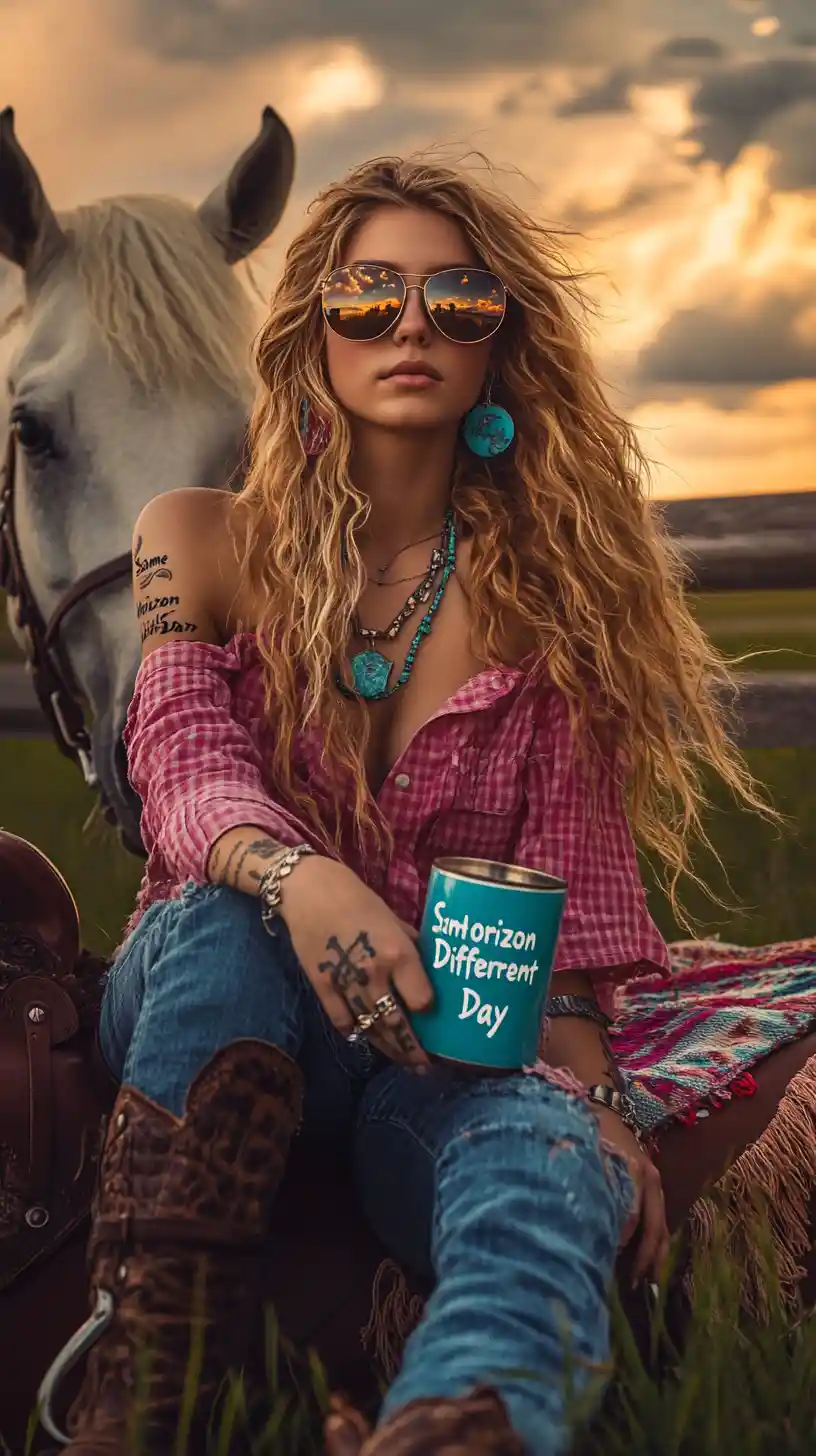 A cowgirl sits among wildflowers in a sunset meadow