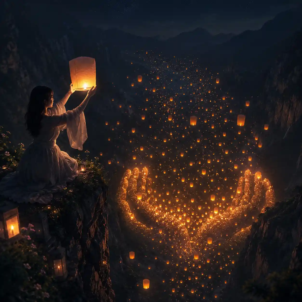 A woman releases lanterns into a valley where lights form giant hands