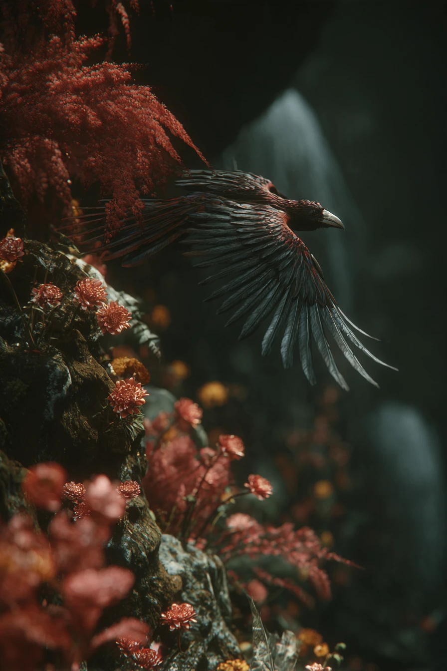Ein Rabe stürzt in einer düsteren Fantasy-Szene an einem verschwommenen Vogelschwarm vorbei