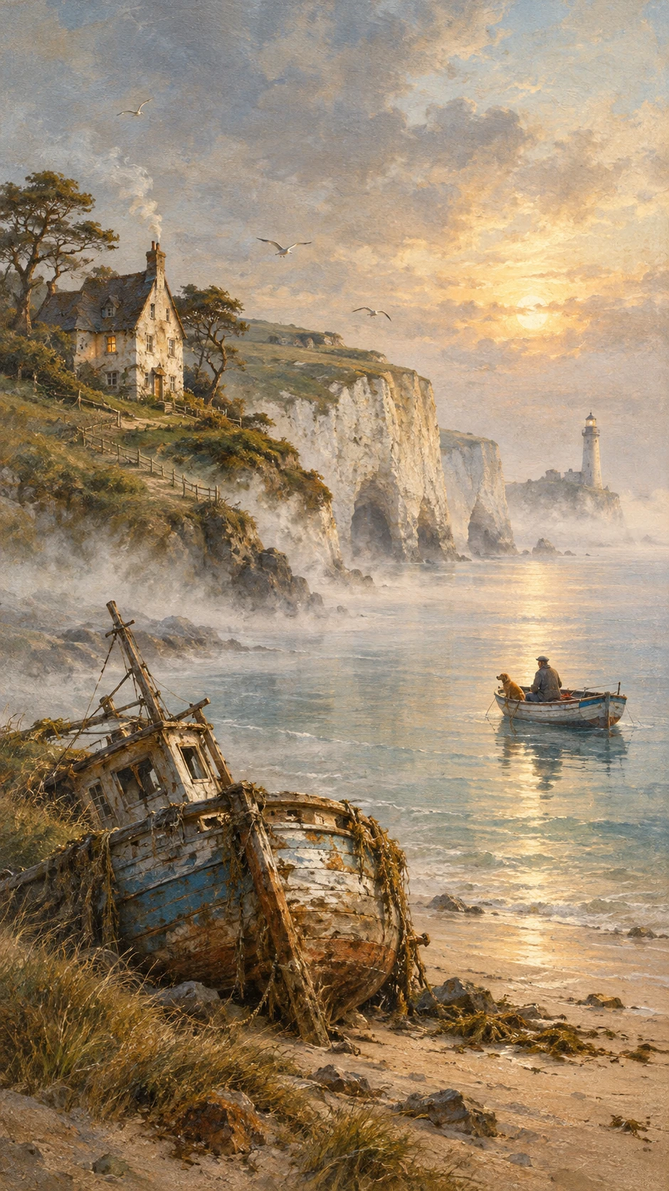 A capsized fishing boat rests on a quiet coastal village beach