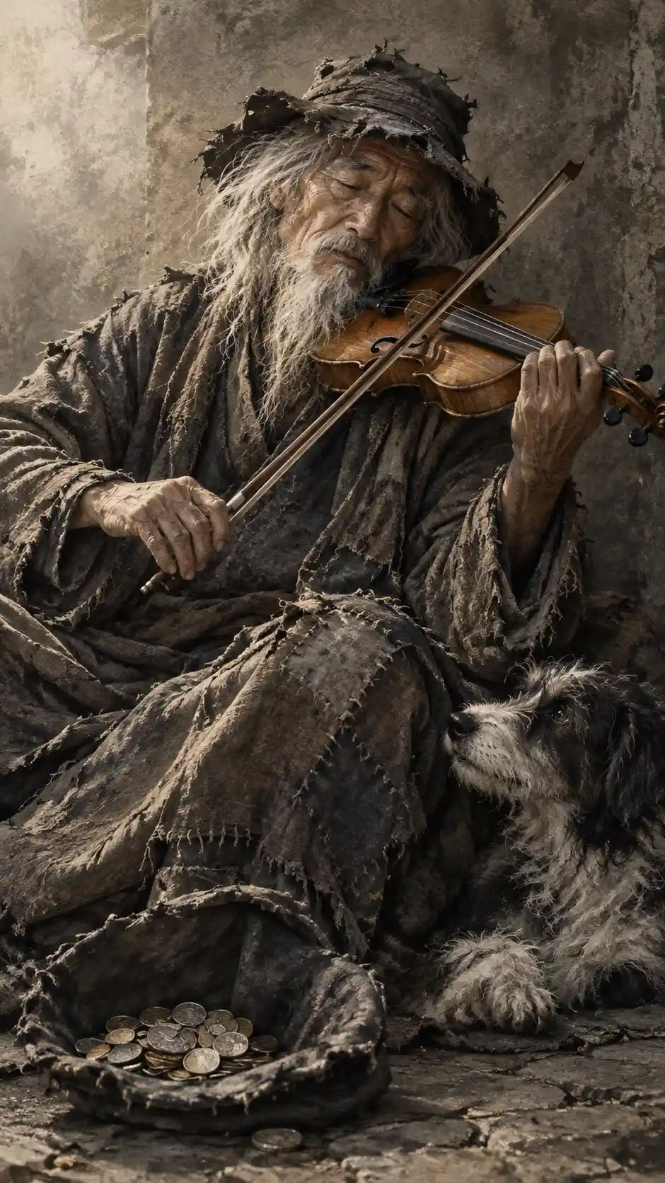 An old violinist plays beside his attentive dog in quiet concentration