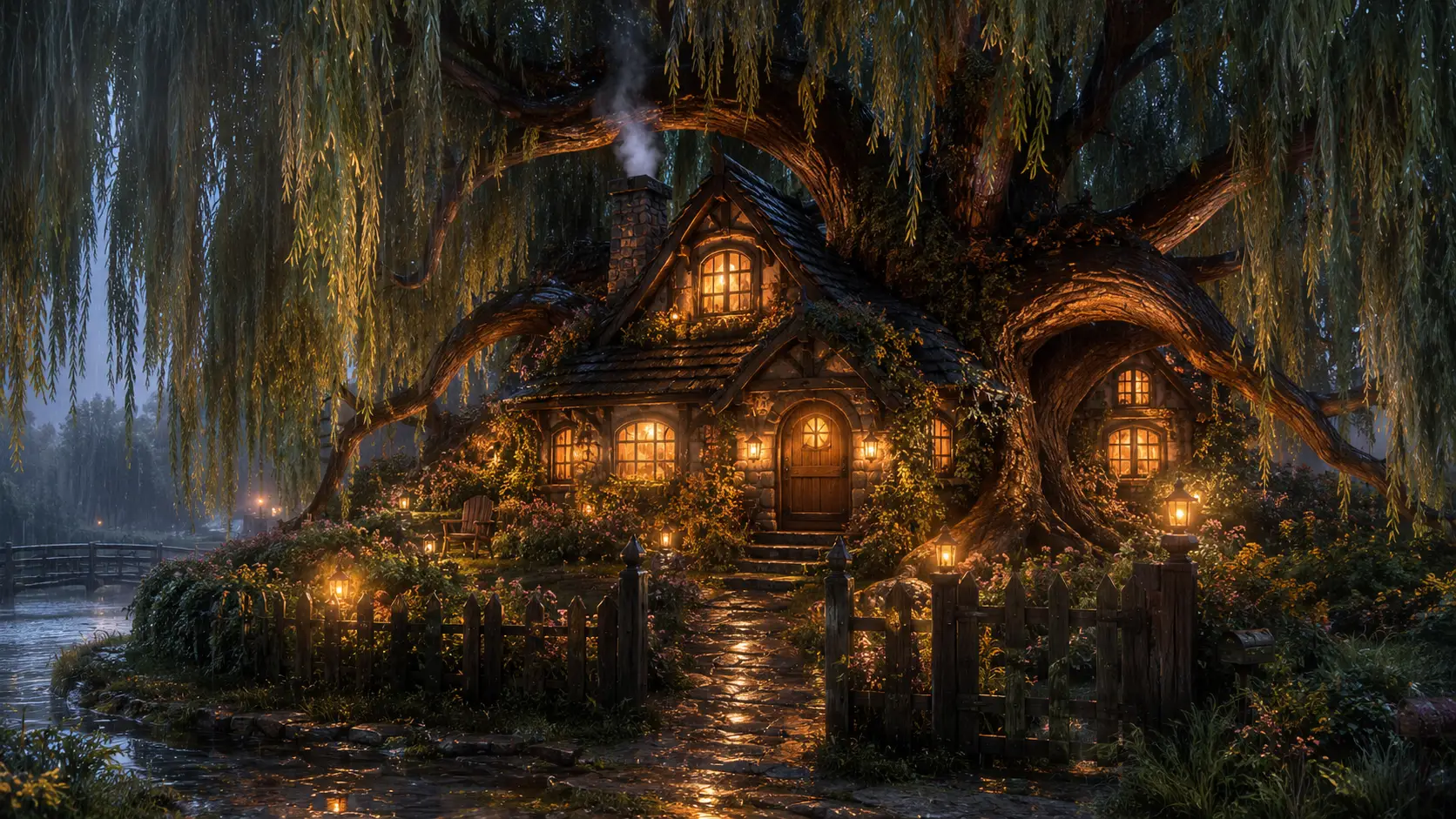 A cozy cottage sheltered beneath the spreading arms of a willow tree