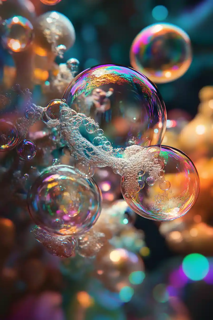 Iridescent Soap Bubbles Contain Delicate Miniature Worlds in a Whimsical Landscape