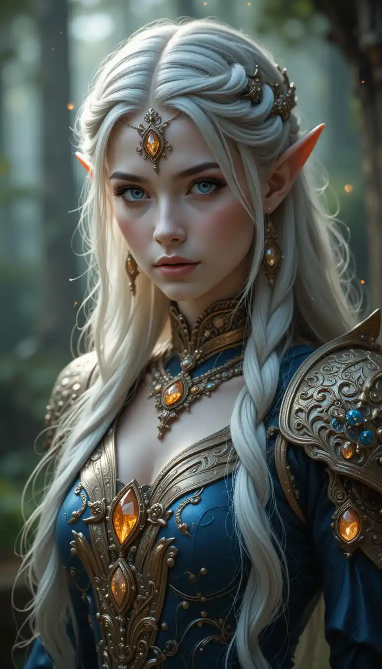 An Elven Woman with Silver Hair and Ornate Armor in a Forest