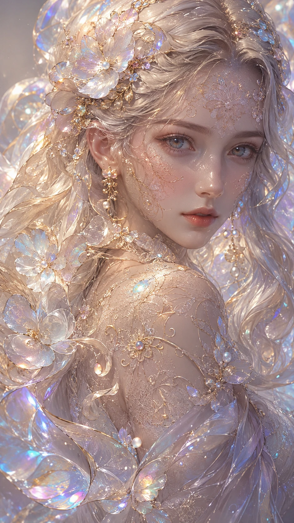 以虹彩花朵與半透明玻璃花瓣妝點的奇幻女子