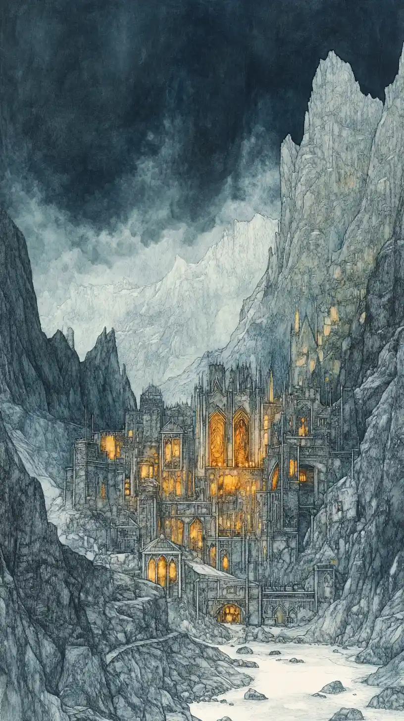 A Halloween horror city set within a rocky mountain landscape