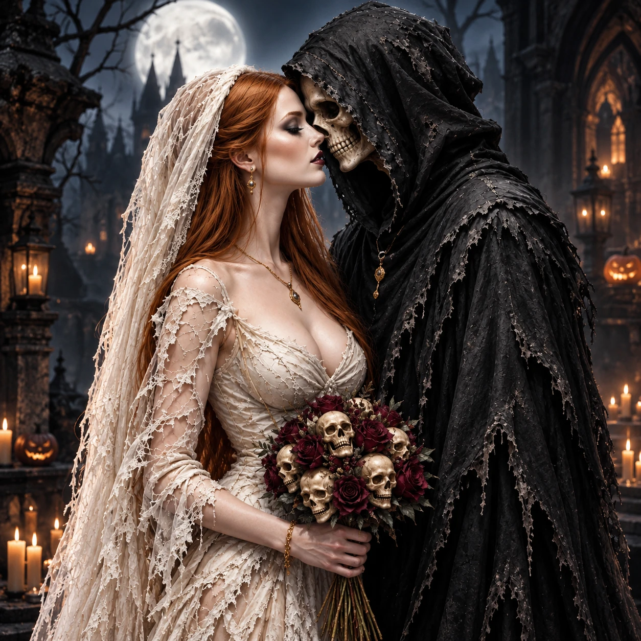 A gothic bride faces the grim reaper in a Halloween portrait