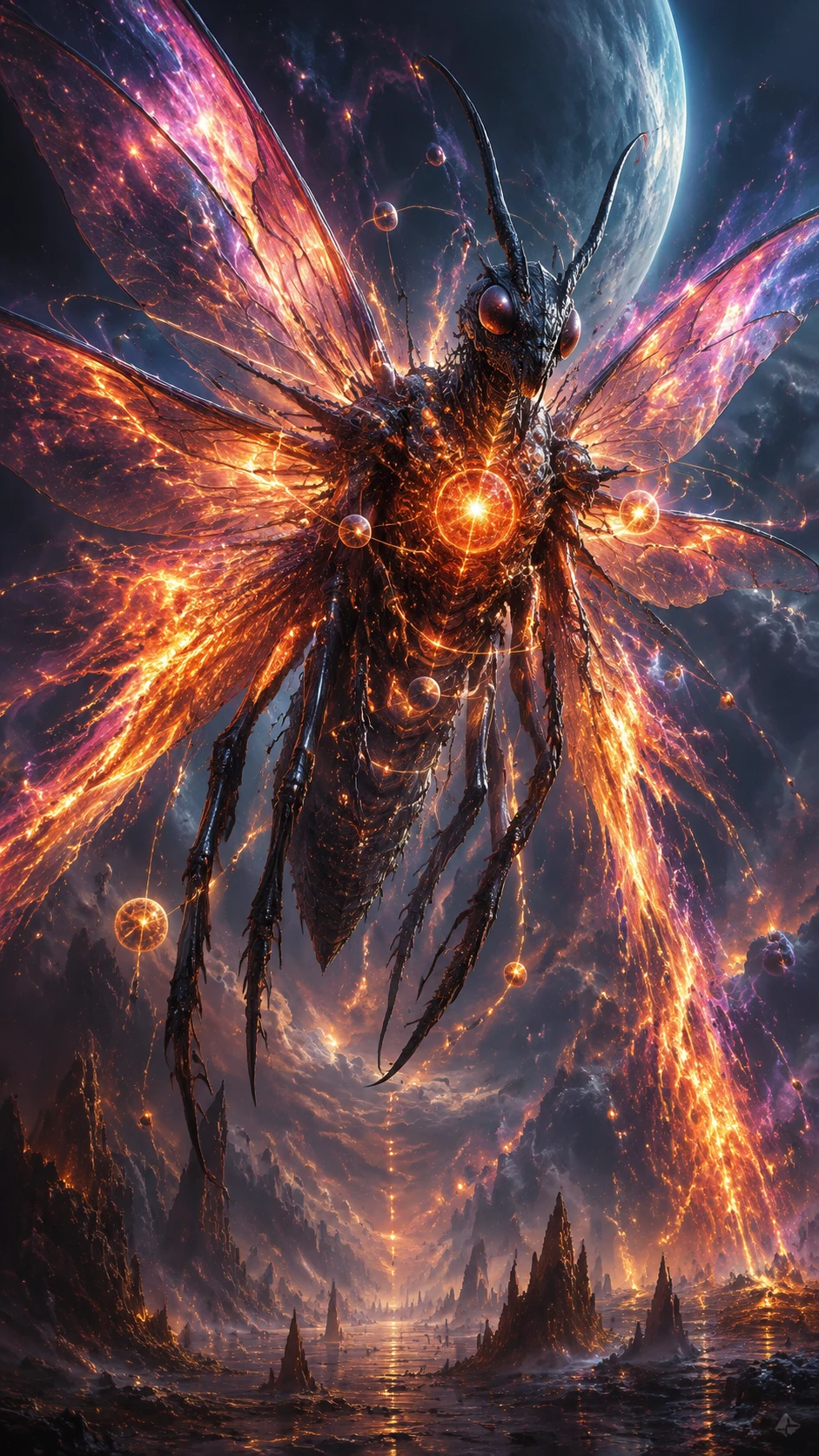 Un imposant insecte extraterrestre aux ailes de plasma et aux mini-soleils en orbite