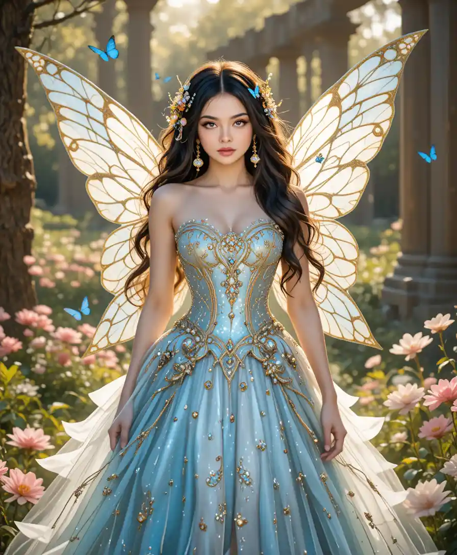 A fairy stands in a sunlit garden with shimmering wings and an ornate dress