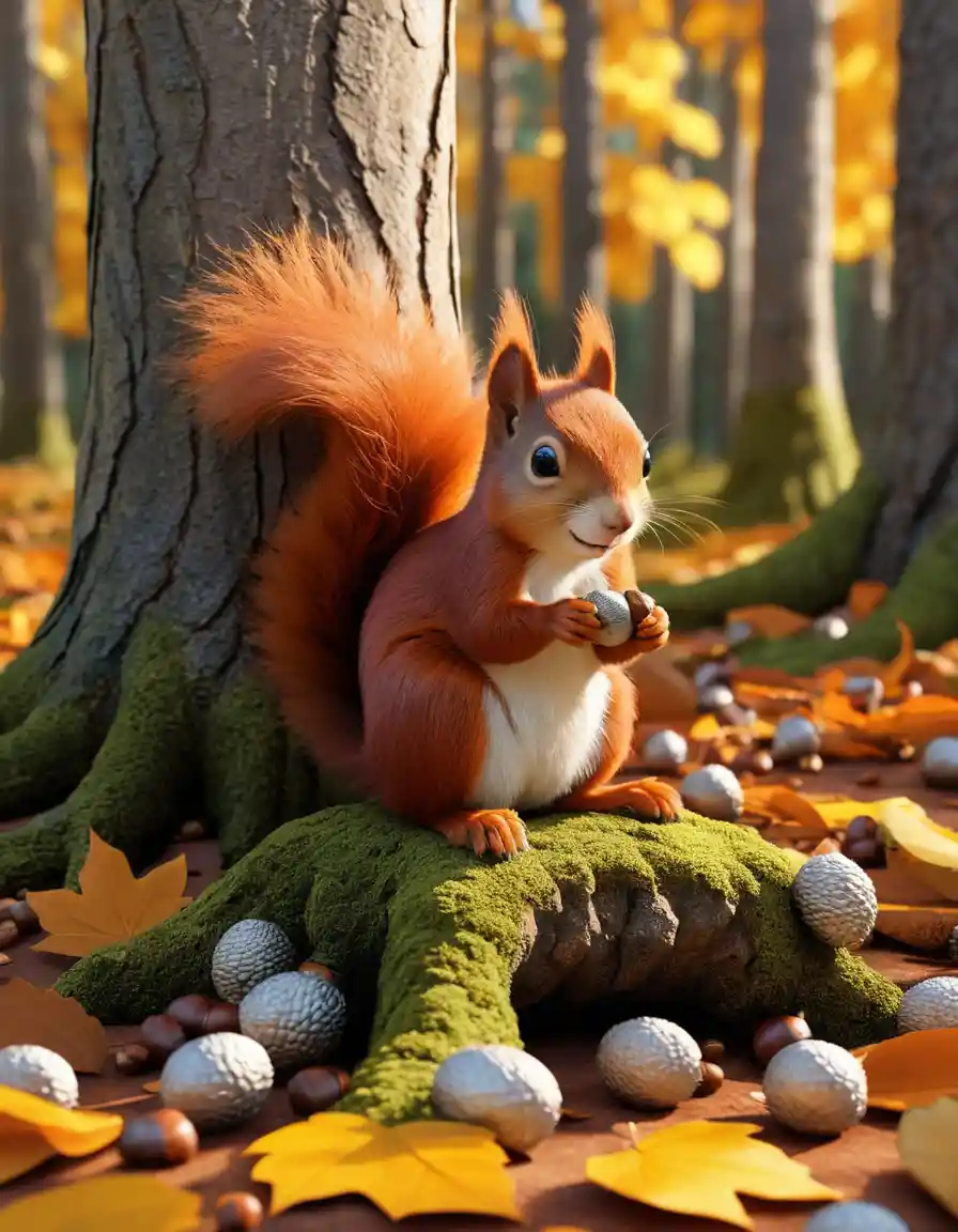 A Red Squirrel Stores Acorns Beneath an Oak in an Autumn Forest