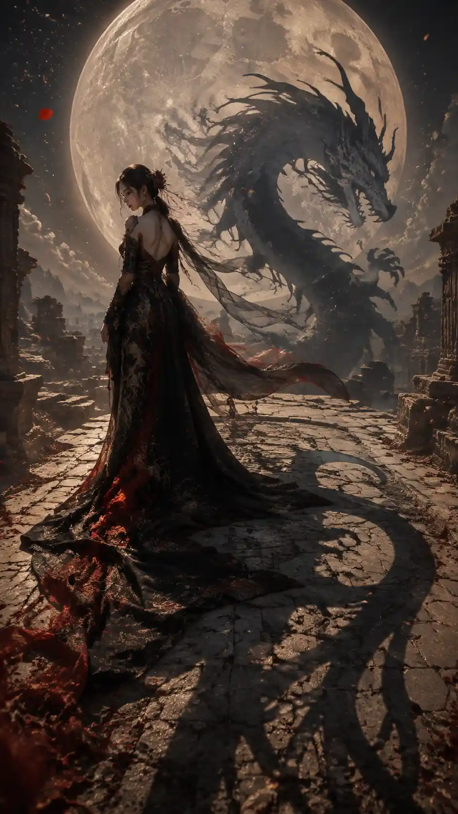 A woman's shadow becomes a dragon across an ancient stone platform