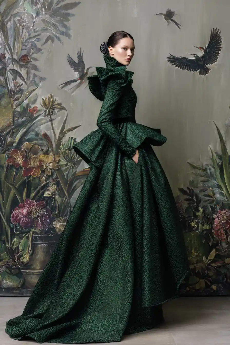 A Woman Models a Dramatic Fantasy Ball Gown With Layered Lace