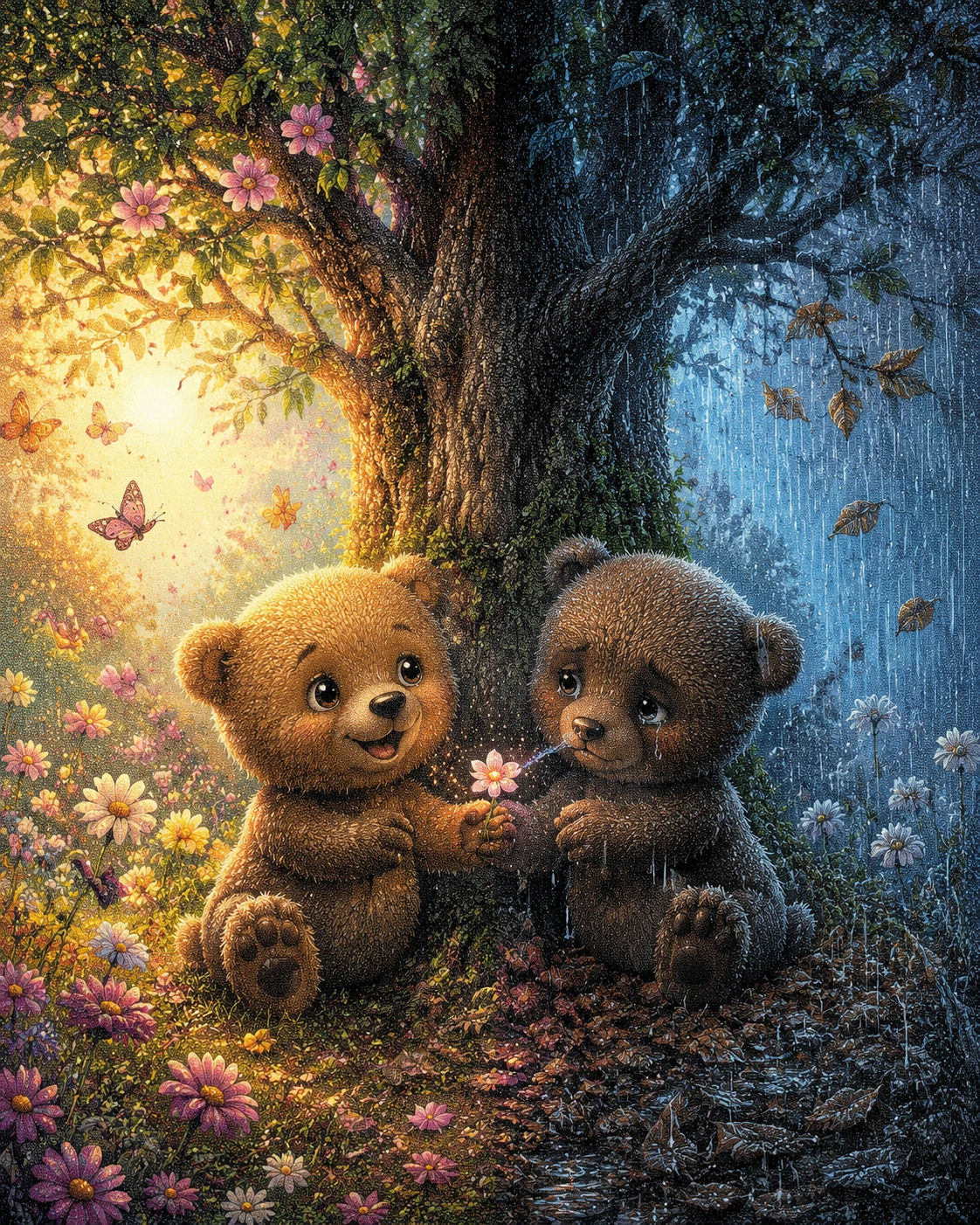 Two little bears sit together beneath one enormous tree