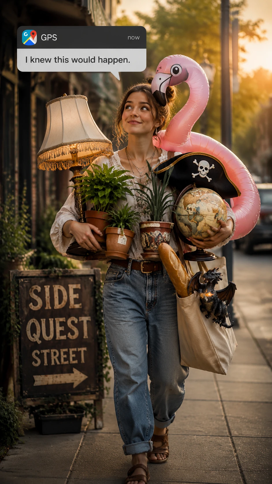 A woman returns from a milk errand with an unexpected assortment