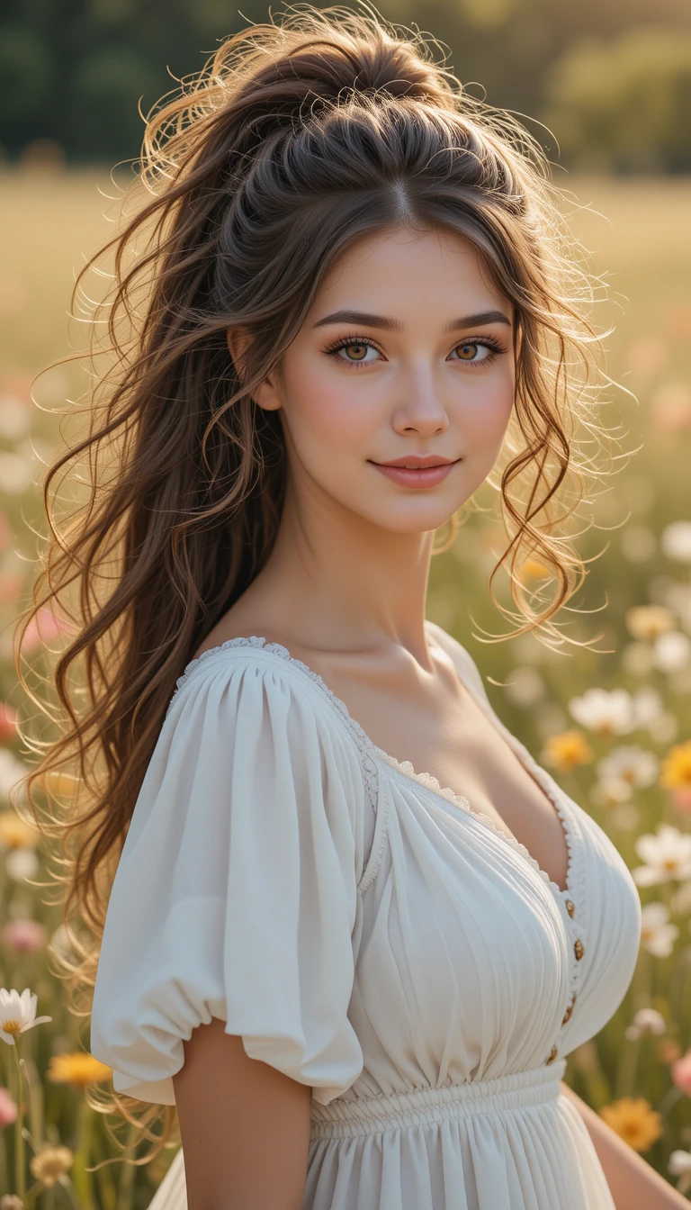 A woman in a white summer dress smiles in a flowering meadow
