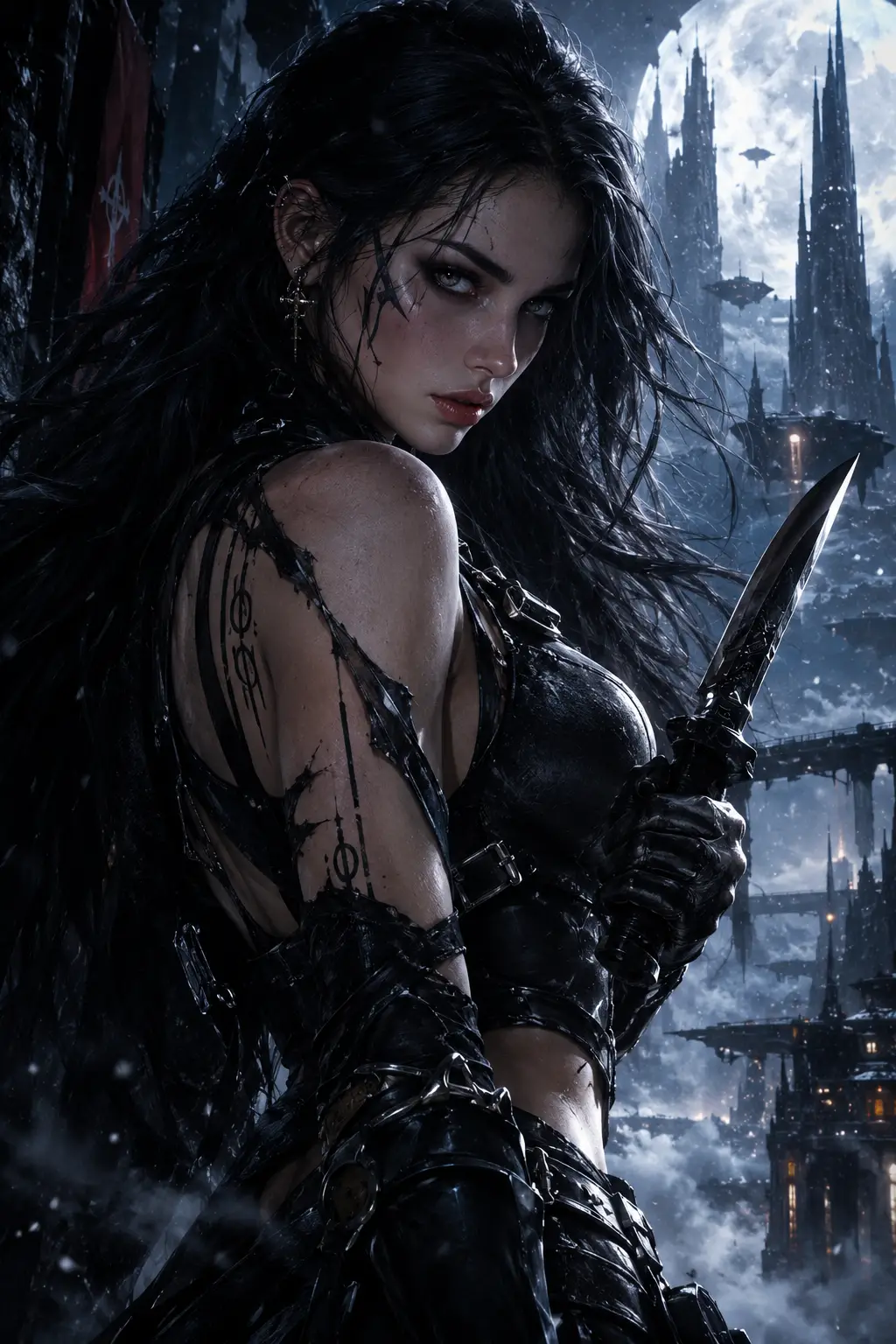 Eine düster blickende Frau hält ein taktisches Messer in einem Gothic-Noir-Porträt